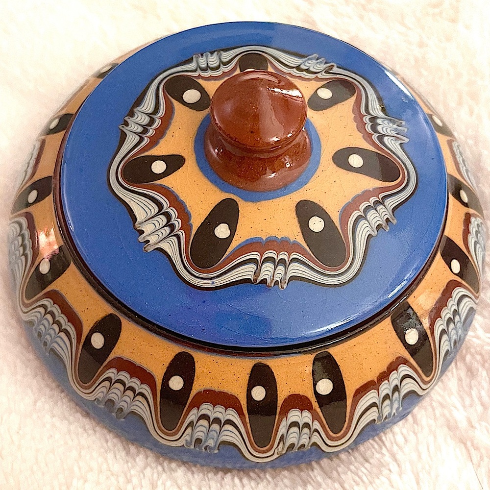 Handcrafted vintage Bulgarian Troyan pottery lidded bowl, perfect condition